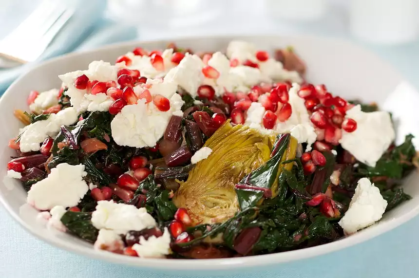 Beet Green, Artichoke Hearts and Pomegranate Salad  