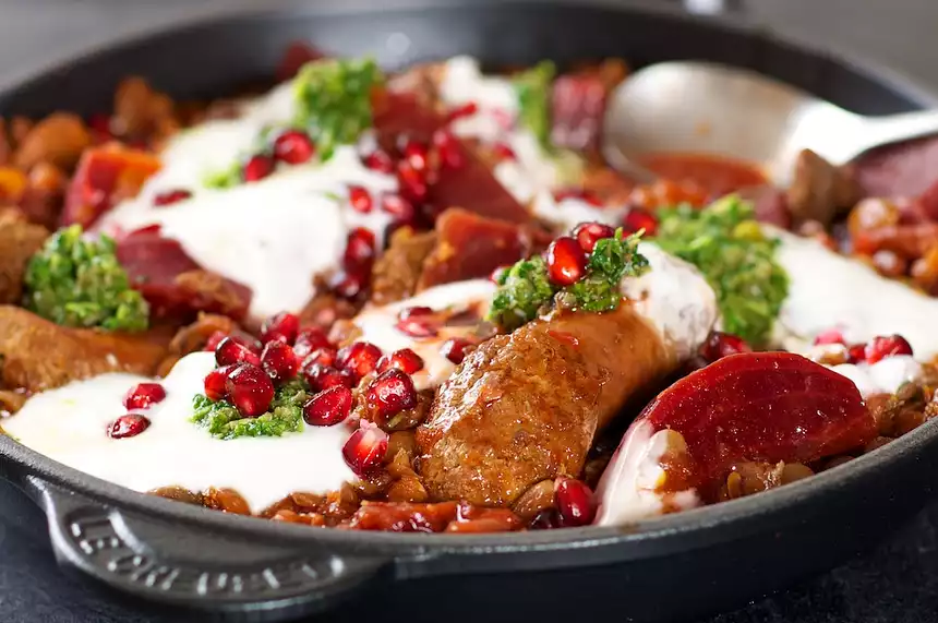 Beets, Chorizo and Pomegranate Braise with Cilantro Salsa