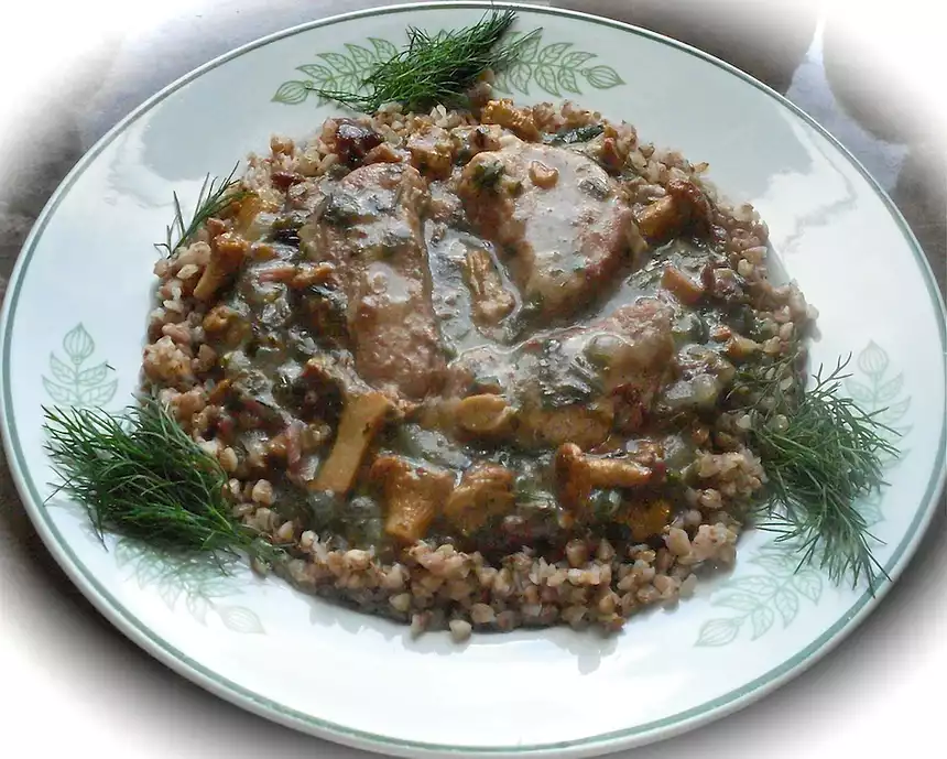 Pork Shoulder in Chanterelle Sauce over Buckwheat