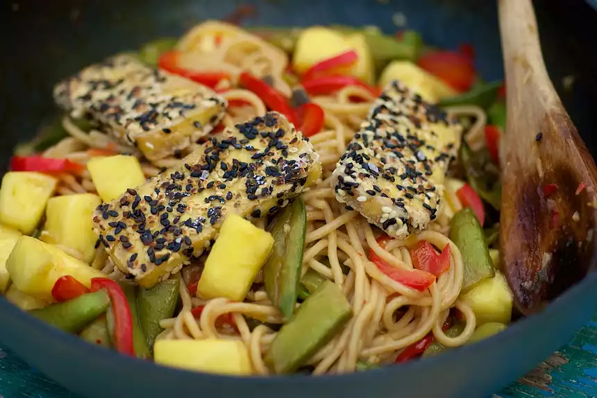 Sesame-Crusted Tofu with Spicy Pineapple Noodles