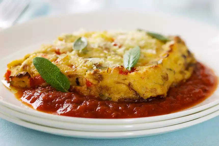 Baked Polenta with Italian Sausage, Mushrooms and Three Cheeses