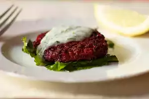 Beet Pancakes with Yogurt Dill Sauce