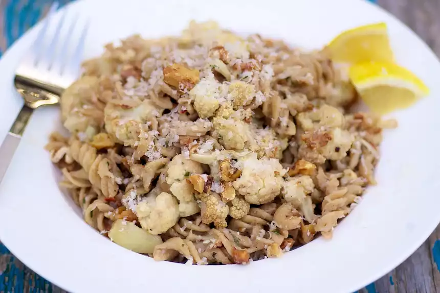 Roasted Cauliflower, Garlic and Toasted Walnuts with Pasta