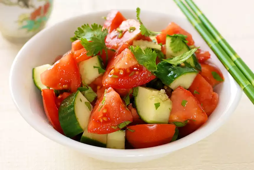 Cucumber Tomato Salad with Soy-Sesame Dressing 