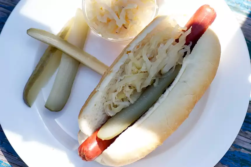 Hot Dogs with Homemade Sauerkraut and Pickles