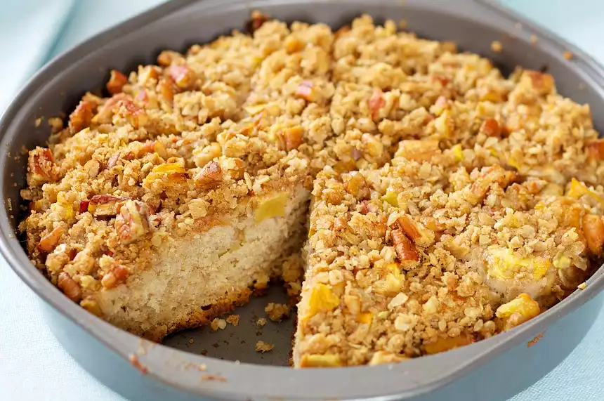 Awesome Peach Coffee Cake with Oat Cinnamon Streusel 