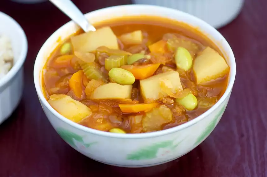 Curry Potato, Edamame and Lentil Soup