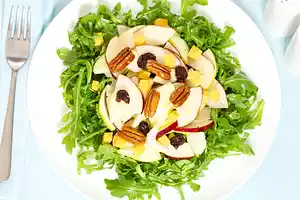 Arugula, Apple and Cheddar Salad with Maple Candied Pecans