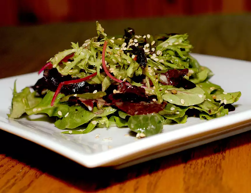 Spicy Green Salad with Soy and Roasted Garlic Dressing