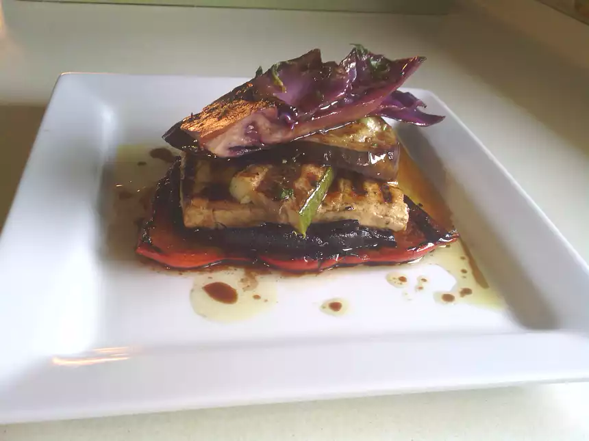 Vegan Grilled Veggie And Tofu Stack With Balsamic And Mint