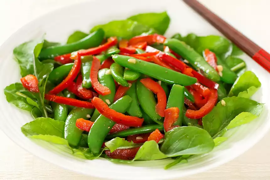 Sugar Snap Pea, Red Pepper and Arugula Salad with Soy-Sesame Dressing