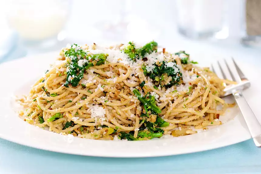 Pasta with Rapini, Toasted Garlic, Bread Crumbs and Parmesan