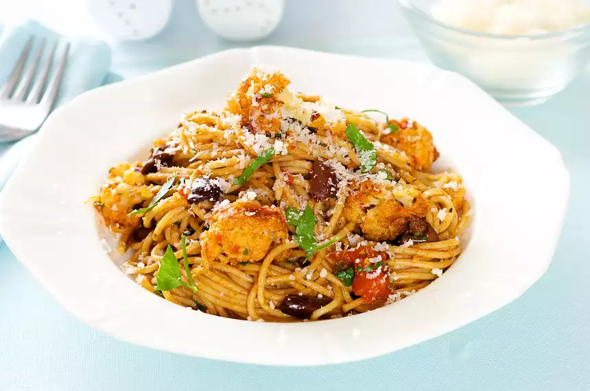 Mediterranean Roasted Cauliflower, Tomato Sauce and Olives with Pasta