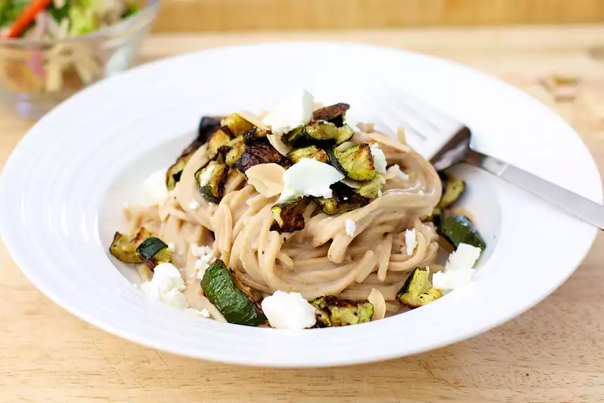 Creamy Pasta With Roasted Zucchini, Almond and Basil