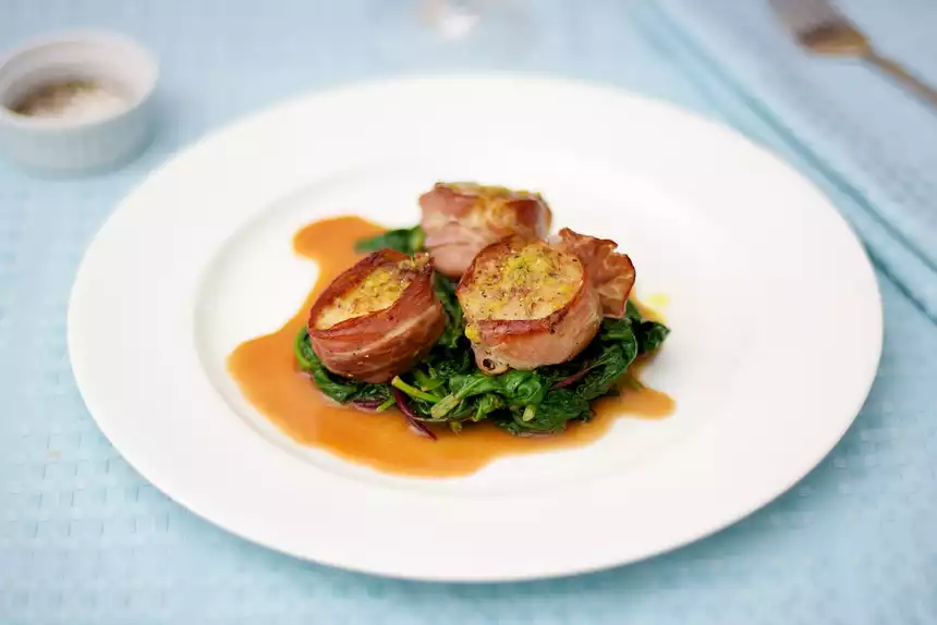 Prosciutto Wrapped Scallops with Citrus Baby Spinach