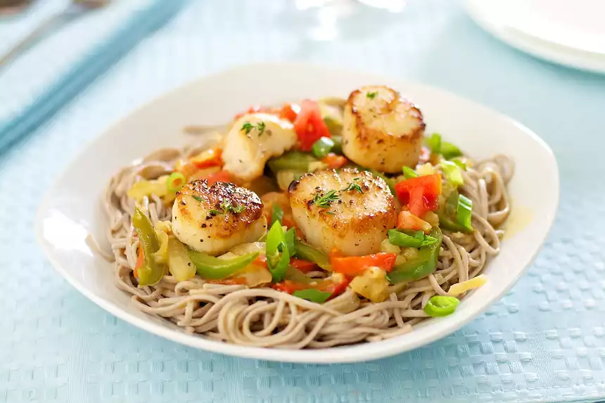 Pan Seared Scallops and Fennel Over Soba Noodles