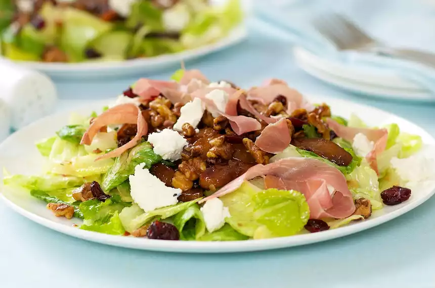 Caramelized Pears, Maple Walnuts Salad with Prosciutto and Goat Cheese