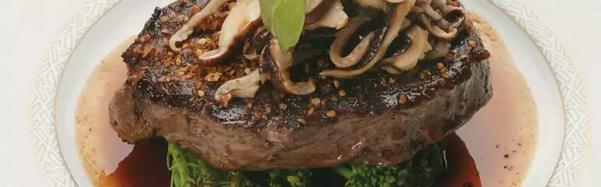Ribeye Steak with Broccolini, Shitake Mushrooms and Wattleseed Jus