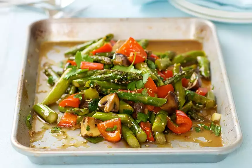 Garlic, Ginger and Soy Roasted Asparagus, Mushroom and Sweet Bell Pepper