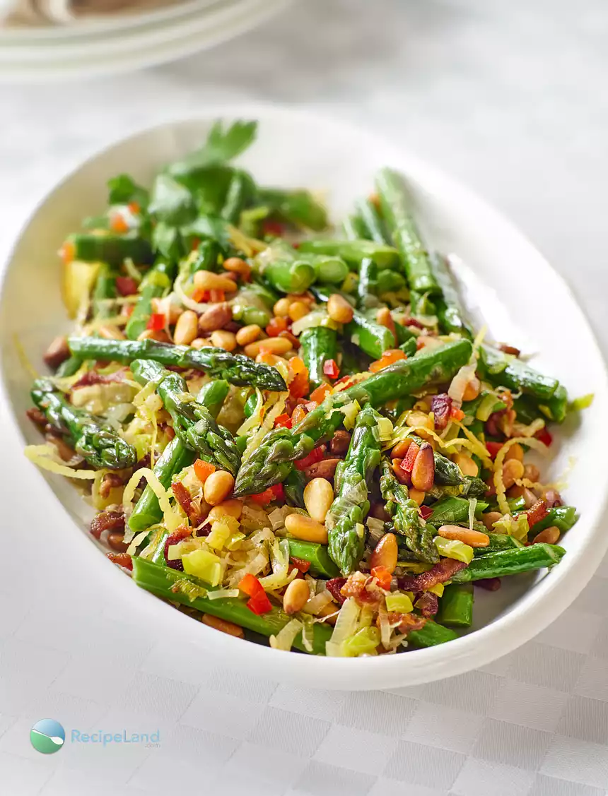 Sauteed Asparagus, Leeks with Pancetta and Pine Nuts