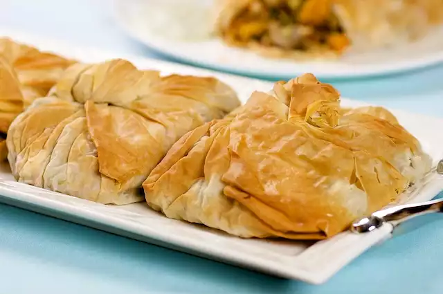 Phyllo Purses with Roasted Squash, Peppers, and Artichokes