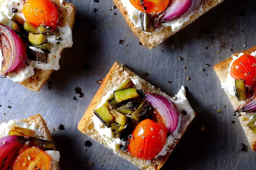 Grilled Veg and Almond Ricotta Crostinis