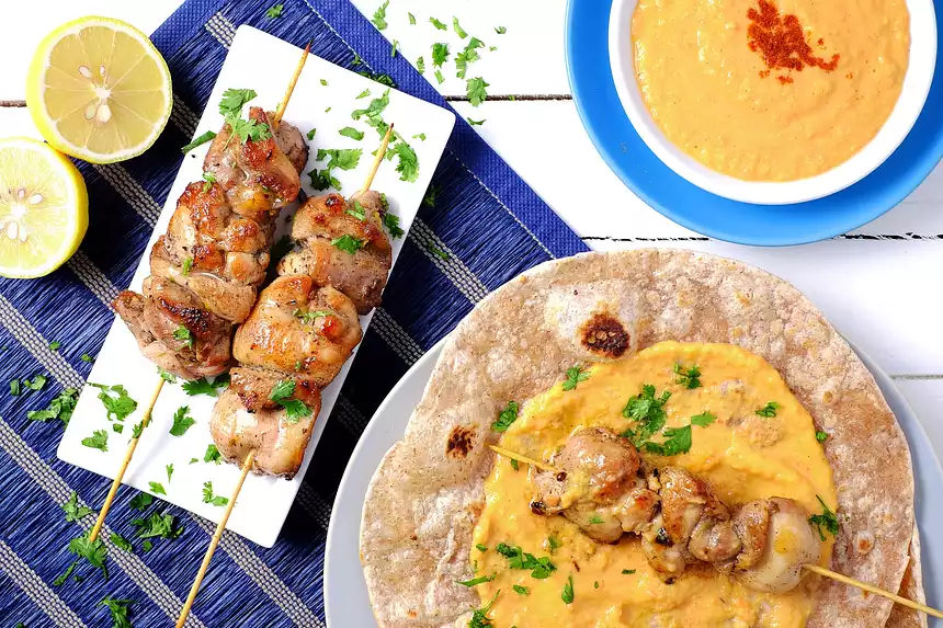 Quick Chicken Souvlakis with Roasted Pepper Hummus