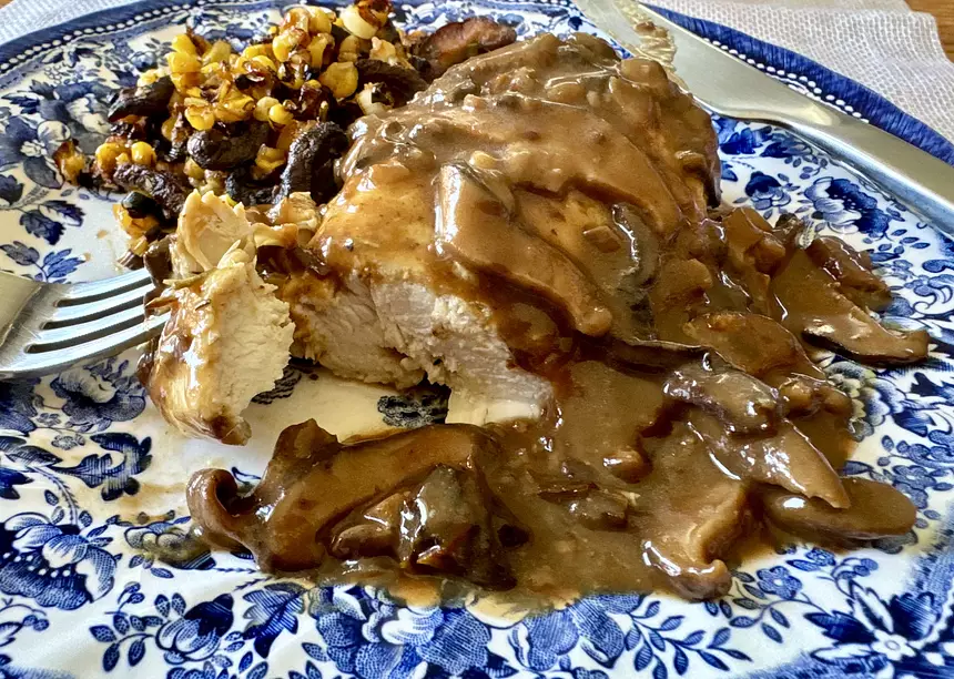 Grilled Chicken Breasts with Wild Mushroom, and Bourbon Sauce