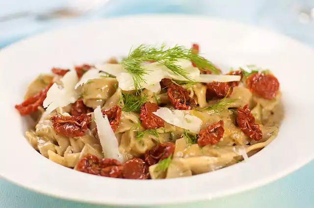 Pasta with Creamy Dill Sauce and Oven-Dried Cherry Tomatoes
