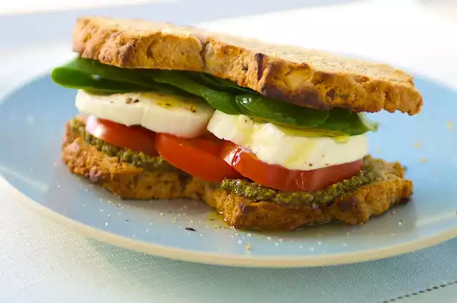 Basil Pesto, Fresh Mozzarella, Tomato and Spinach Sandwich 