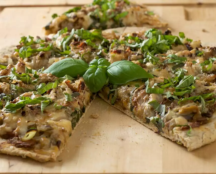 Mushroom Onion and Basil Pizza