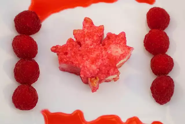 Canada Day Maple Leaf Cake with Raspberry Coulis