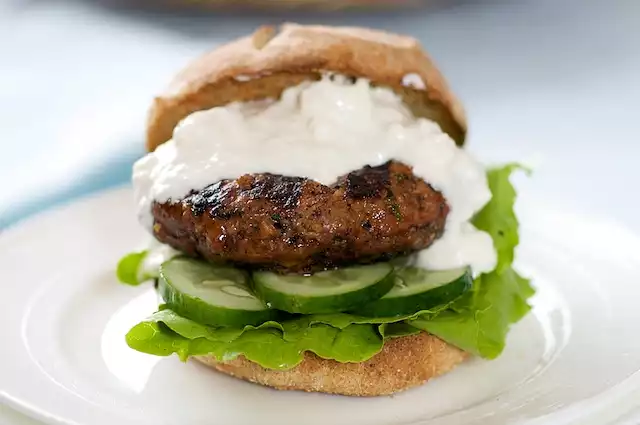 Healthy Hamburger with Savory Feta Sauce and Cucumber
