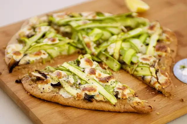 Two Cheese, Shaved Asparagus and Mushroom Pizza
