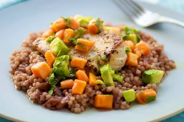 Grilled Mahi mahi, Red Onion Couscous, Chunky Papaya Avocado Salsa